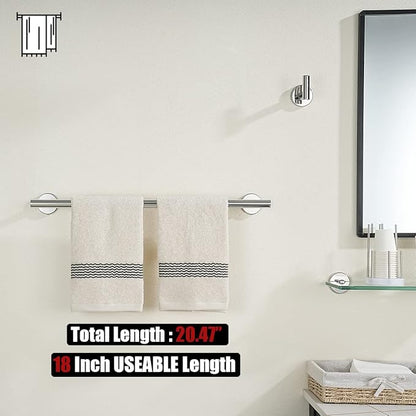 JQK Chrome Towel Bar, 20.5 Inch 304 Stainless Steel Thicken 0.8mm Towel Rack Bathroom, Towel Holder Polished Finished Wall Mount, Useable Length 18 Inch 2 Pack, TB110L18-CH-P2