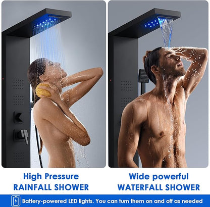 ROVOGO 46.5"H x 7.8"W Shower Panel Tower System with LED Lights, Rainfall Waterfall Shower Head, 4 Body Jets, Handheld Shower and Tub Spout, Stainless Steel Shower Column, Black