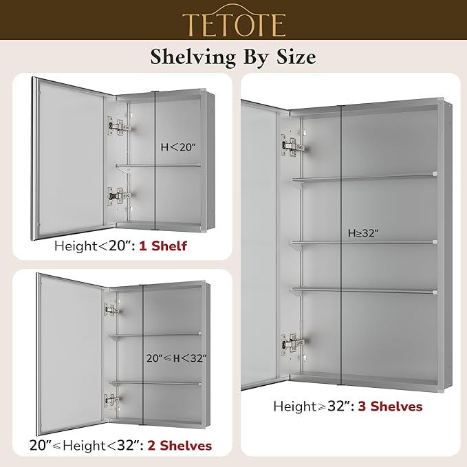 TETOTE 20 x 26 Bathroom Mirror with Storage with Tempered Beveled Mirror Silver Medicine Cabinet Aluminum Cabinet DTC Hinges, Stepless Adjustable Shelves, Recessed/Surface-Mounted