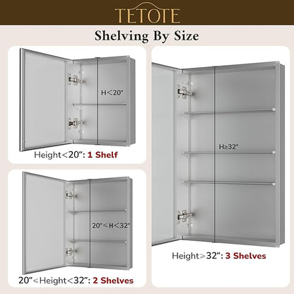 TETOTE 20 x 26 Bathroom Mirror with Storage with Tempered Beveled Mirror Silver Medicine Cabinet Aluminum Cabinet DTC Hinges, Stepless Adjustable Shelves, Recessed/Surface-Mounted