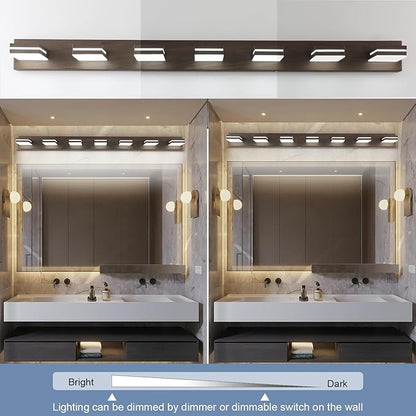 SineRise LED Modern Bathroom Vanity Light Fixtures (7-Light, 55-Inch, Dimmable), Brown Wood Painted Modern Acrylic Bathroom Wall Lighting Fixtures Over Mirror (Cool White 6000K)