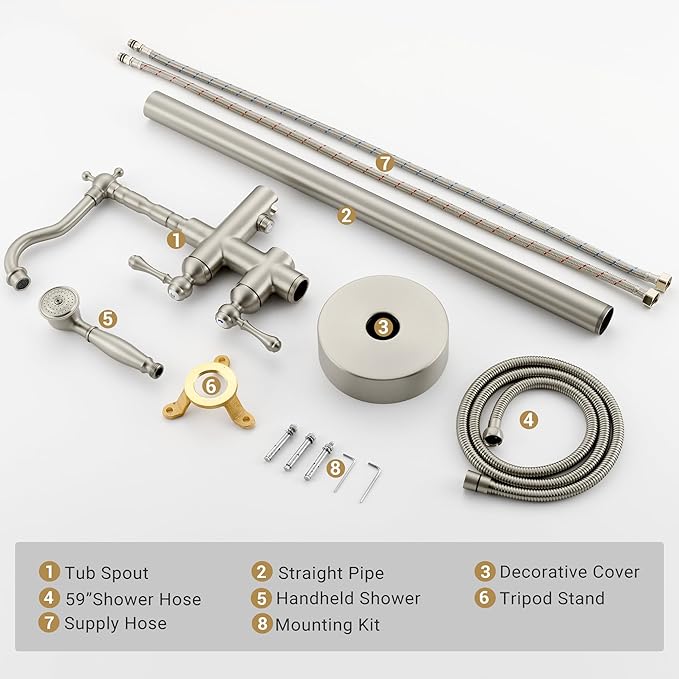 Freestanding Tub Faucet Sets, JetsBath Floor Mount BathTub Filler with 360° Swivel Spout & Handheld Sprayer, Brushed Nickel Floor Mount Bathtub Faucet Single Handle with Supply Hose