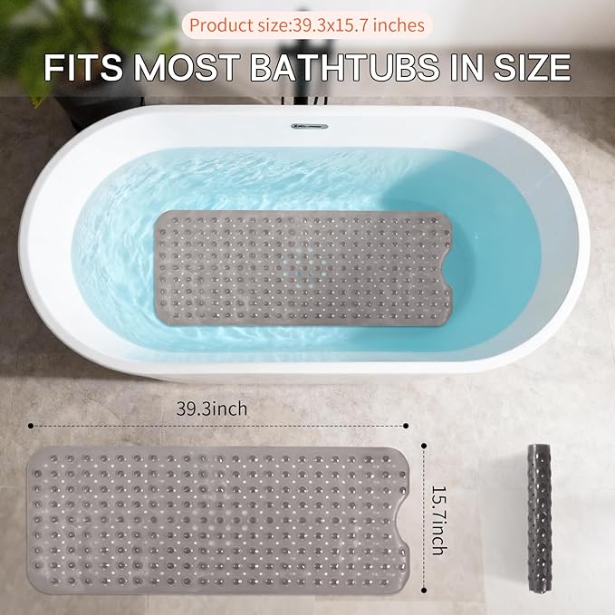 Anti-Slip Bathtub Shower mat, 39.3×15.7 inch（Approximately 100 × 40cm） Soft Oversized Machine Washable Non-Slip Bathtub mat with Drainage Holes, Bathroom Floor Suction Cup.（1-Clear Gray）