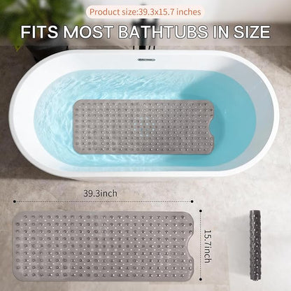 Anti-Slip Bathtub Shower mat, 39.3×15.7 inch（Approximately 100 × 40cm） Soft Oversized Machine Washable Non-Slip Bathtub mat with Drainage Holes, Bathroom Floor Suction Cup.（1-Clear Gray）