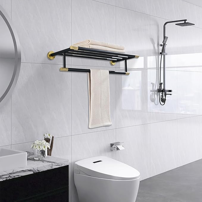Black Brushed Gold Towel Rack 24'' Bath Towel Shelf with Towel Bars SUS304 Matte Black Stainless Steel Wall Mounted，Modern Bathroom Storage Shelf