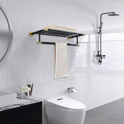 Black Brushed Gold Towel Rack 24'' Bath Towel Shelf with Towel Bars SUS304 Matte Black Stainless Steel Wall Mounted，Modern Bathroom Storage Shelf