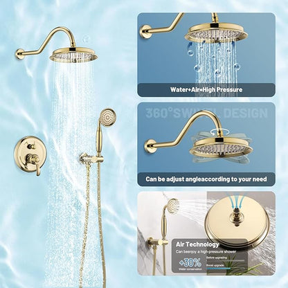 Antique Shower Head Faucet Set,Bright Gold Vintage Wall Mount Shower Faucets Combo With Handheld Spray,Bathroom Rainfall Shower System Trim Kit With Brass Pressure Balance Valve & 9''Shower Head