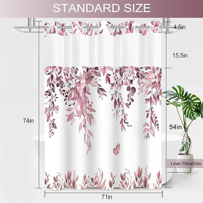 No Hook Shower Curtain and Liner Set, Dark Red Eucalyptus Floral Shower Curtains for Bathroom, Bath Curtain Sets with Snap in Liner, Waterproof with See Through Top Window, 71x74 Inches