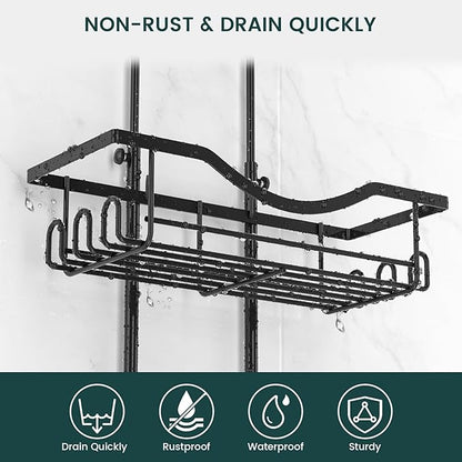 Shower Caddy Hanging Adjustable Shower Caddy, Rustproof Shower Organizer Extended Length Shower Caddy Over Shower Head with Hooks Soap Holder, Large Capacity Anti-Swing Bathroom Organizer, Black