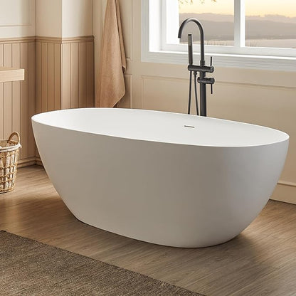Cpingao 59" Stone Resin Freestanding Bathtub, Elegant Oval Shape Soaking Tub, Solid Surface Stand Alone Bathtub with Drain & Integrated Slotted Overflow Matte White 8845-1500