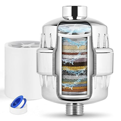 25 Stage Shower Head Filter for Hard Water, Shower Water Filter for Removing Chlorine and Fluoride, High Output Hard Water Shower Filter Improves on Skin, Hair and Nails, Polished Chrome