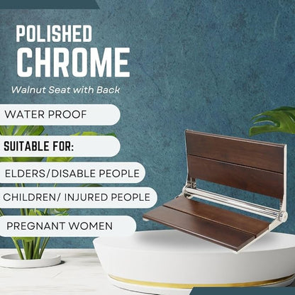 Folding Shower Seat Wall Mounted with Back | 500 lbs Maximum Load Capacity | ADA Compliant Safety Assist Teak Shower Seat for Seniors, Handicapped, and Children | 304 Stainless Steel Frame | 26” x 16”