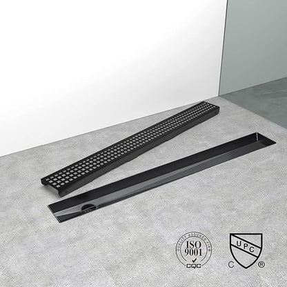 Offset Linear Shower Drain, Matte Black Shower Drain 32 inch with Removable Grate Cover, Brushed 304 Stainless Steel Side Outlet Black Shower Floor Drain with Hair Catcher and Leveling Feet