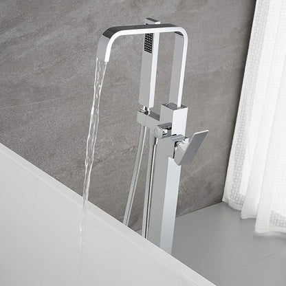 Freestanding Tub Filler Bathtub Faucet Chrome Waterfall Floor Mount Single Handle Brass Bathroom Faucets with Handheld Shower