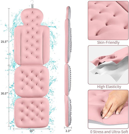 Bath Cushion, Full Body Bathtub Pillow with 160 Suction Cups, Bath Mat for Head and Neck Support, with Laundry Bag (Light Pink, 56.2" x 16.2")