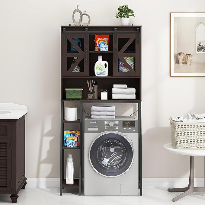 Over The Toilet Storage Cabinet, Farmhouse Storage Cabinet Over Toilet with Sliding Barn Door，Home Space-Saving Toilet Rack, for Bathroom, Restroom, Laundry(Espresso)