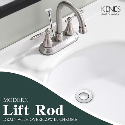 KENES Bathroom Sink Drain Stopper with Lift Rod, Chrome Sink Drain with Overflow, Lavatory Pop Up Drain Assembly for Bathroom Vanity Sink, LJ-P701-5