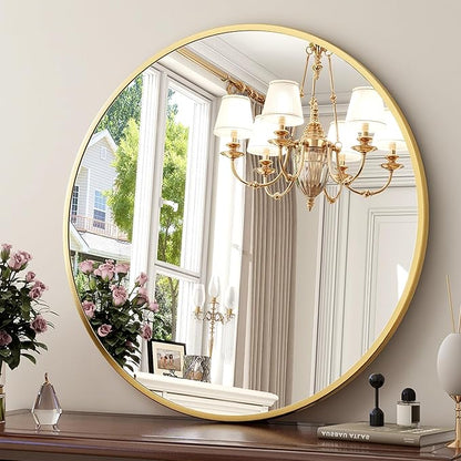 24 Inch Round Mirror - Circle Mirrors for Bathroom, Entryway and Living Room Wall Decor, Modern Hanging Vanity Mirror, Matte Gold Circle Decorative Wall Mirror