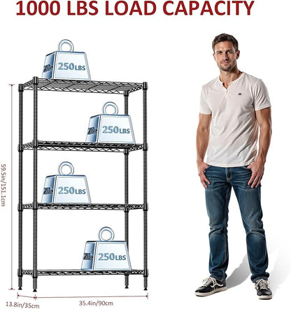 IZEUK 4 Tier Black Metal Storage Shelves, Heavy Duty Wire Shelving Rack for Garage, Kitchen, Bathroom, or Laundry Organization, 1000 lbs Capacity, 13.8" D x 35.4" W x 59.5" H