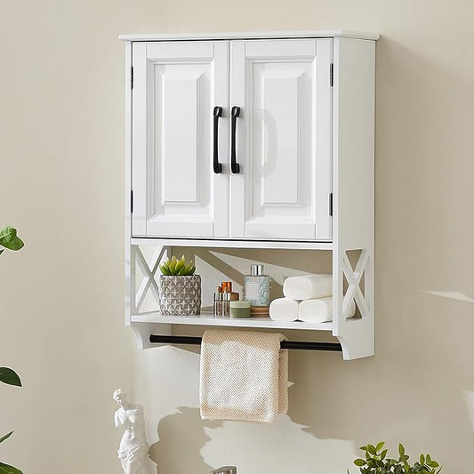 Wall Mounted Bathroom Cabinet, Farmhouse Medicine Cabinet with 2 Elegant Raised Panel Cabinet Doors, with Adjustable Shelf & Towel Bar – Over Toilet Storage Organizer for Small Spaces, White
