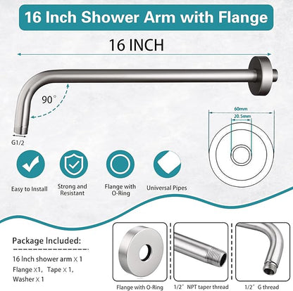 16 Inch Shower Arm with Flange,Stainless Steel 90 Degree Rain Shower Head Extension Arm,Wall-Mounted Shower Head Arm for Fixed Shower Head,Brushed Nickel