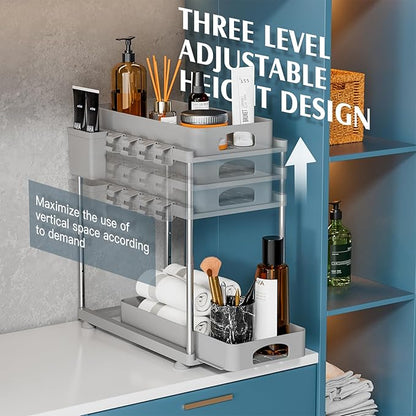 VERIFOST 2 Pack Adjustable Gray Under Sink Organizers, 2 Tier Pull Out Storage, Kitchen Bathroom Office Laundry Room Living Room