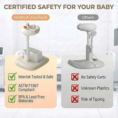 Baby Bath Stand with Built-in Seat - Duck Design - Anti-Slip Base - Baby Shower Stand for Sitting or Standing (White Beige)