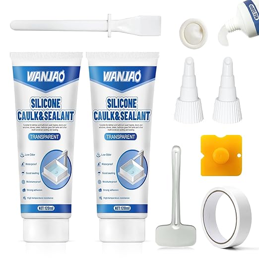 2PCS Clear Caulking Silicone Waterproof, Silicone Sealant Waterproof Clear High Efficiency Long-Lasting for Bathroom Glass Partitions Wash Basins Bathtubs Kitchen Countertops Corner, 2 * 120ml