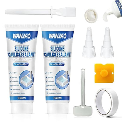 2PCS Clear Caulking Silicone Waterproof, Silicone Sealant Waterproof Clear High Efficiency Long-Lasting for Bathroom Glass Partitions Wash Basins Bathtubs Kitchen Countertops Corner, 2 * 120ml