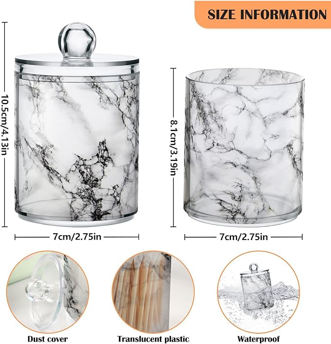 MNSRUU 4 Pack Qtip Holder Organizer Dispenser Stylish White Marble Texture Bathroom Containers Bathroom Vanity Storage Canister Apothecary Jars for Cotton Swabs/Pads/Floss