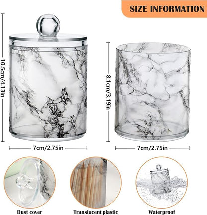 MNSRUU 2 Pack Qtip Holder Organizer Dispenser Stylish White Marble Texture Bathroom Storage Canister Cotton Ball Holder Bathroom Containers for Cotton Swabs/Pads/Floss