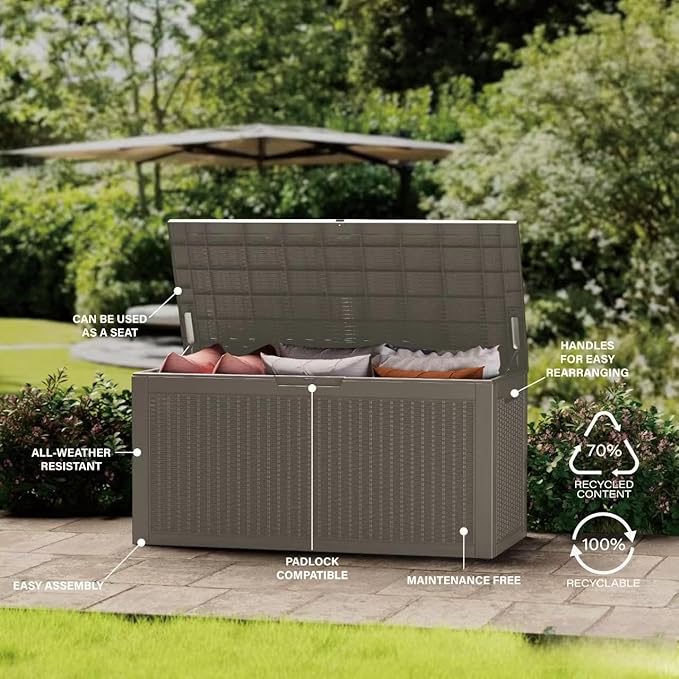 TARKARI 100 Gallon Lockable Resin Deck Box, Waterproof & UV-Resistant Outdoor Storage Box for Outdoor Cushion Storage, Garden Tools & Pool Accessories Storage, Gray