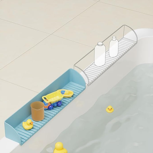Roslim Bathtub Splash Guard for Tub - Silicone Water Splash Guard with 4 Suction Cups, Bath Toy Holder, Bathtub Play Shelf for Bathing, Bathtub Side Suction Tray, 1Pack, Blue