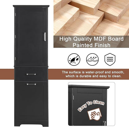 Favfurish 68" Tall Bathroom Storage Cabinet with Door and 2 Drawer,Modern Linen Cabinets w/Adjustable Shelf & Magnetic Door Stopper,Freestanding Organizer for Bath Room,Study,Office,Kitchen Black