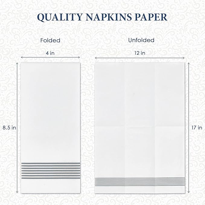 LITOPAK 100 Pack Guest Towels Disposable, Soft And Absorbent Bathroom Napkins, Paper Guest Towels for Bathrooms, Party, Wedding or Events. White and Silver
