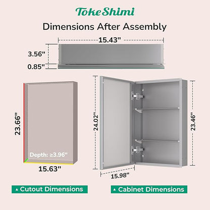 TokeShimi 14x24 Bathroom Mirror with Storage Tempered, Aluminum Silver Recessed Medicine Cabinet with Mirror Frameless Stepless Adjustable Shelf, Surface Mount Medicine Cabinet for Bathroom