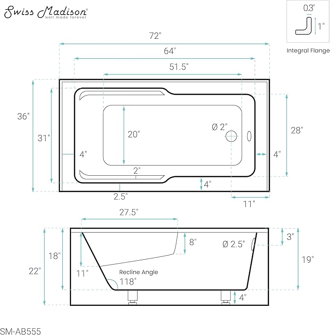 Swiss Madison Well Made Forever Voltaire 72" x 36" Right-Hand Drain Alcove Bathtub with Apron