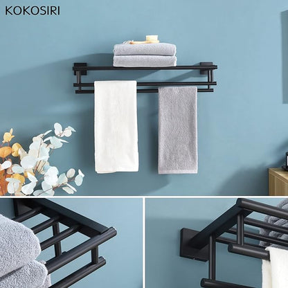 KOKOSIRI Bath Towel Rack with Double Towel Bars Bathroom Towel Shelf 24 Inch Towel Holder Wall Mounted Stainless Steel, Matte Black, B6005BK-L24