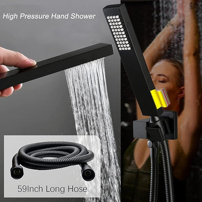 Temperature Display Shower Faucet Set Matte Black Shower System with 2 Rain Shower Head(12+8"), Handheld Shower and Multi-function Push Button Shower Faucet Trim Kit
