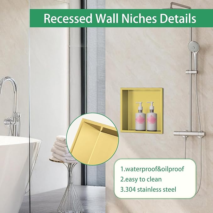 SaniteModar Shower Niche, Stainless Steel Shower Niche 12" X 12" No Tile Needed, Recessed for Bathroom Storage, Brushed Gold (Brushed Gold, 12x12)