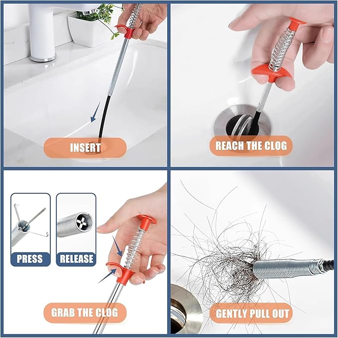 Drain Snake,33 inch Flexible Grabber Claw Pick Up Reacher Tool,Drain Clog Remover - Gutter Cleaning Tools for Home Sink, Bathroom Tub,Drain, Toilet, Tight Spaces