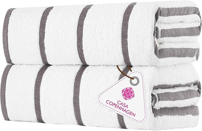 CASA COPENHAGEN Cabana Pool 2 Pieces Large Bath Sheet Set 70" x 35", 550 GSM, Designed in Denmark, Made of Soft Egyptian Cotton for Bathroom, Beach & Shower - White Grey Stripe