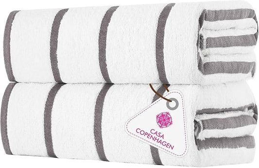 CASA COPENHAGEN Cabana Pool 2 Pieces Large Bath Sheet Set 70" x 35", 550 GSM, Designed in Denmark, Made of Soft Egyptian Cotton for Bathroom, Beach & Shower - White Grey Stripe
