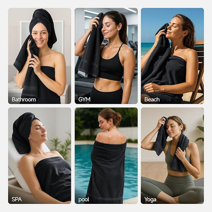 REDKISS Luxury 100% Cotton 8 Piece Bath Towel Sets, 2 Bath Sheets (35x70 in), 2 Hand, 4 Washcloths, Super Absorbent & Quick-Dry Shower Towel for Bathroom Spa Gym Hotel Yoga - Black