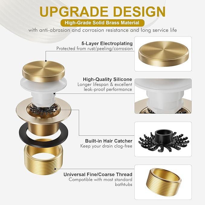 Champagne Bronze Bathtub Drain Stopper and Overflow Kit, Solid Brass Tip-Toe Bath Tub Drain with Hair Catcher - Universal Coarse/Fine Thread, Bathroom Bathtub Plug Replacement, 11.5/16 UNC