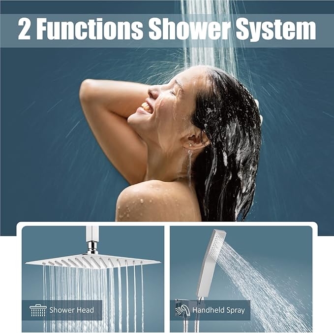 Aolemi Ceiling Mount Shower System Rain Shower Head with Handheld Spray High Pressure Shower Faucet Set Rough-in Valve Shower Trim Kit Included Bathroom Polish Chrome 10 Inch Ceiling Shower Head