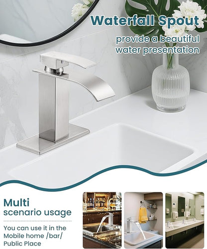 Bathroom Faucets Brushed Nickel Waterfall Bathroom Sink Faucet Modern Single Handle Bathroom Faucet for 1 or 3 Hole Mxier Tap Washbasin Faucet with Deck, Pop-up Drain and Supply Hoses