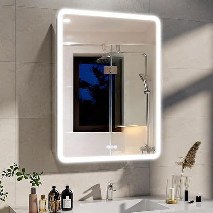 BEAUTYPEAK 24 x 32 LED Bathroom Medicine Cabinet Mirror, Adjustable Shelves, Silver Aluminum Cabinet, Anti-Fog Stepless Dimmable 3 Colors White/Natural/Warm, Easy to Install(Wall Mount/Recessed)