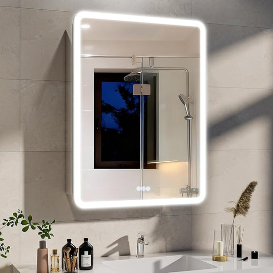 BEAUTYPEAK 24 x 32 LED Bathroom Medicine Cabinet Mirror, Adjustable Shelves, Silver Aluminum Cabinet, Anti-Fog Stepless Dimmable 3 Colors White/Natural/Warm, Easy to Install(Wall Mount/Recessed)