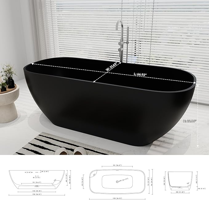 SJ STAR&JANE 67" Solid Surface Freestanding Bathtub Oval Stone Resin Soaking Tub Modern Stand Alone Tub with Overflow & Pop-up Drain, Matte Black for Bathrooms